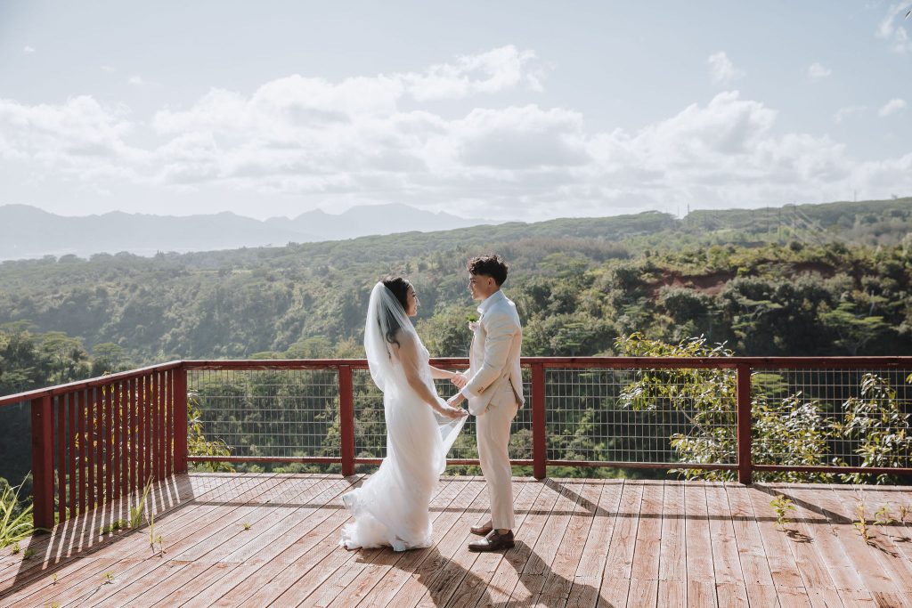 Bride and groom on outdoor deck